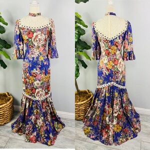 Vintage Liberty House Hawaii Lola Purple Floral and Cream Maxi Muumuu Lace Dress